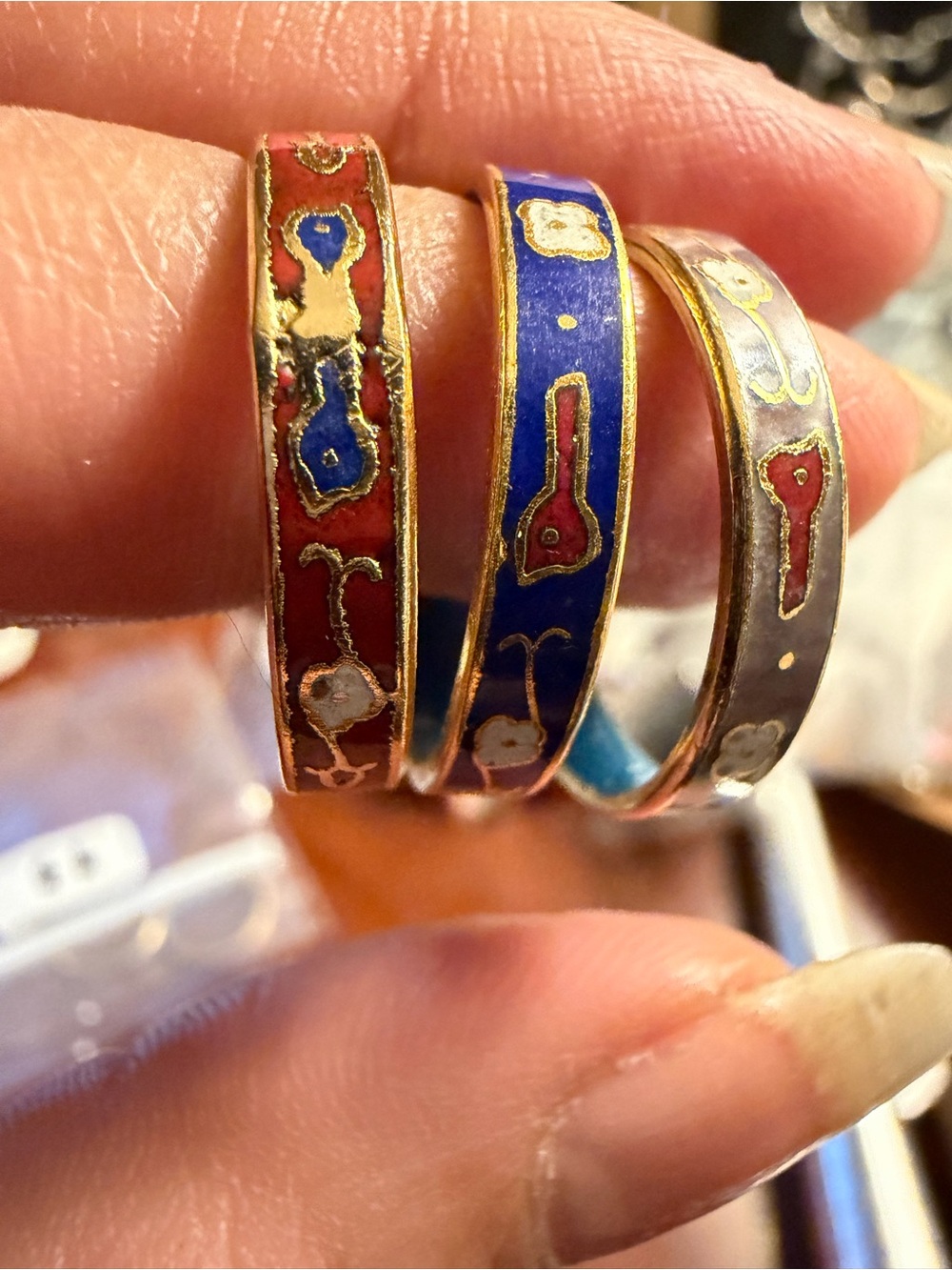 Vintage Cloisonne Enamel Stacking Rings Set 3 Gold Tone Floral Band Boho 9-9.5